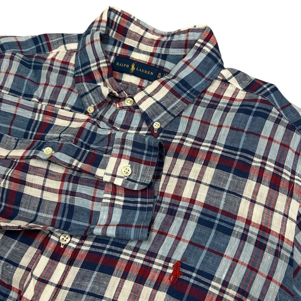 Ralph Lauren Linen Button Down Shirt Mens XL Red White Blue Plaid Long Sleeve